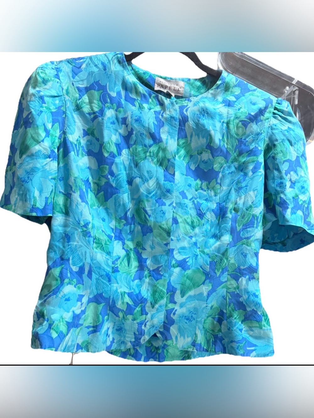 Vintage Adrianna Papell 100% Silk Teal and Blue Floral Short Sleeve Blouse Sz 8